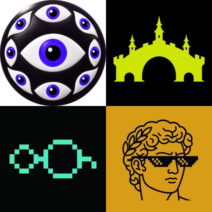 A 2x2 grid showcases four project logos: a black sphere with purple eyes (top left), a neon green castle silhouette on black (top right), teal pixelated glasses on black (bottom left), and a line-drawn bust of a laurel-crowned figure wearing pixelated sunglasses on orange (bottom right), representing the Arc ecosystem projects highlighted in the post.