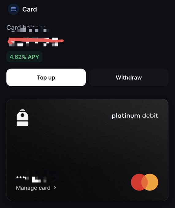 A mobile app screen for a 'platinum debit' card displaying a 4.62% APY, with buttons for 'Top up' and 'Withdraw', and the card number partially redacted.