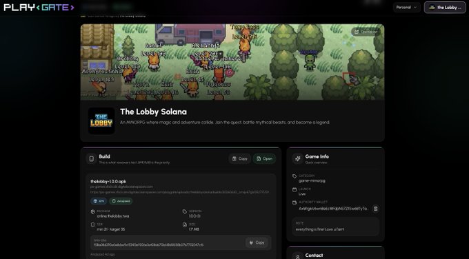 A "The Lobby Solana" game page on PLAYXGATE shows it's a MAINORPG (multiplayer online RPG) game built using the Anchor framework and developed by apeinapp, with a Discord channel listed as "online that duty free." The image visually supports the dev notes by showcasing the game's listing platform as it awaits review from Solana Mobile (Seeker) and PlaySolana PSG1.