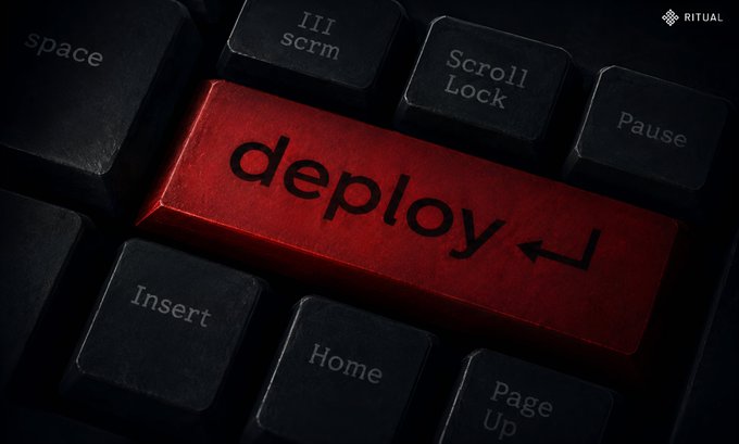 Close-up of a black keyboard with a prominent red key labeled 'deploy' featuring an enter symbol, surrounded by standard keys like Scroll Lock, Pause, Insert, and Home. The Ritual logo appears in the top right corner.