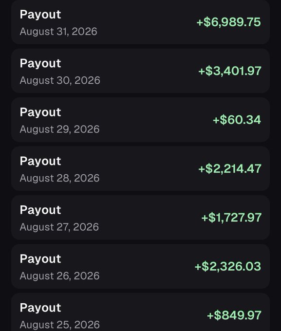 A screenshot shows a series of Payout transactions from the Pump.fun app dated August 25-31, 2026, with daily earnings ranging from $60.34 to $6,989.75. The "silly" callout rewards accumulate to over $17,500 in just one week of activity.