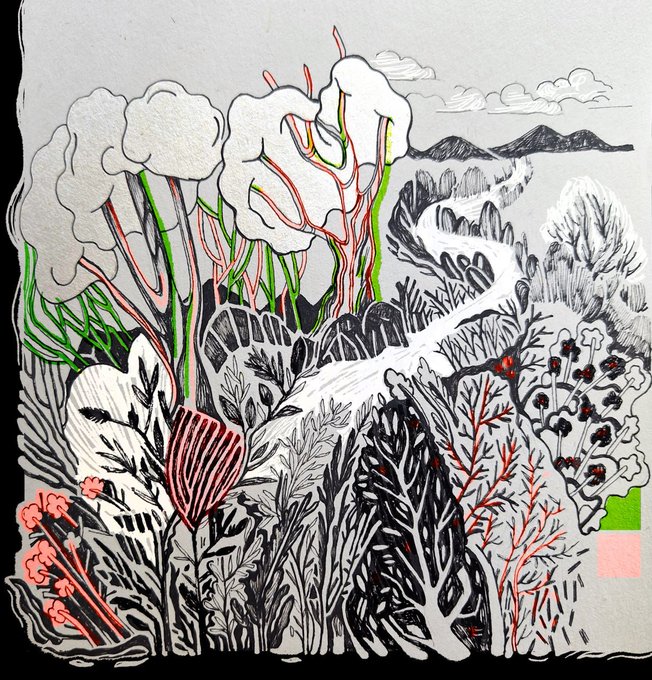 A vibrant illustration featuring a stylized natural landscape with tall trees, foliage, and distant mountains rendered primarily in black and white line work, accented with pops of neon pink, green, and orange. The artwork appears to be a tokenized digital collectible linked on the Tezos blockchain marketplace Objkt, as indicated by the accompanying "Gn" greeting and KT1 contract address.