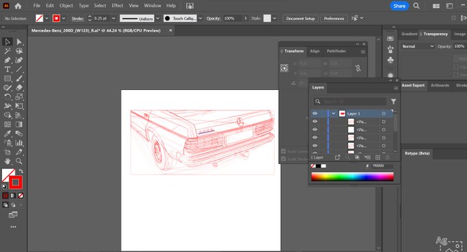 An Adobe Illustrator workspace showing a red pencil sketch of a Mercedes-Benz W123 car (44.24% complete) with the layers panel and color spectrum visible on the right side.