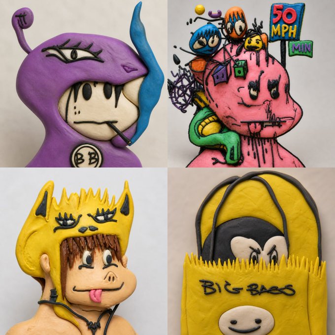 A 2x2 grid collage showing four handmade sculptures/plush toys in a colorful cartoonish style, including a purple creature with a third eye, a pink figure with '50 MPH MIN' sign, a yellow-hooded character sticking its tongue out, and a yellow 'BIG BAGS' figure.