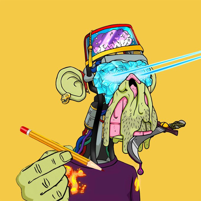A grotesque, surreal character with a melting yellow face, laser eyes, and a brain exposed under a glass dome holds a pencil and writes on a burning notepad. The chaotic, zany illustration visually echoes the post's energetic tone about late-night hustlers, with the burning notebook symbolizing the active "Who's Left" (WL) list being compiled.