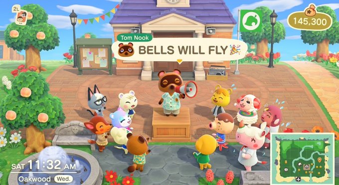 A screenshot from Animal Crossing showing Tom Nook announcing 'BELLS WILL FLY' to a group of animal villagers and the player character.