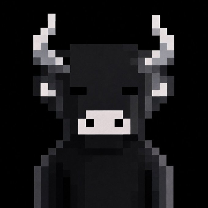 A pixel art illustration of a black bull or cow character with white horns and a white snout against a black background.