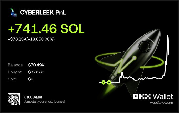 A promotional image for OKX Wallet's "CYBERLEEK PnL" feature displays an impressive +741.46 SOL (+$70.23K, +18,658.08%) profit with $0 sold and a balance of $70.49K, visually represented by a black rocket ship soaring upward—celebrating the holder's gains on the CYBERLEEK token after over 6 days of holding.