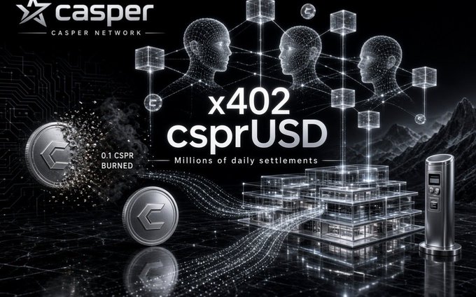 The image is a stylized promotional graphic for Casper Network featuring the text "x402 csprUSD - Millions of daily settlements" and "0.1 CSPR BURNED," alongside visual elements of wireframe human heads, floating cubes, CSPR tokens, and futuristic architecture symbolizing AI-driven blockchain transactions. It directly illustrates the post's message about AI agents on Casper using the x402 protocol with csprUSD for low-cost micro-settlements.