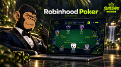 A promotional image for 'Robinhood Poker' featuring a cartoon monkey in a tuxedo next to a laptop displaying a poker table, with a 'Survive' logo.