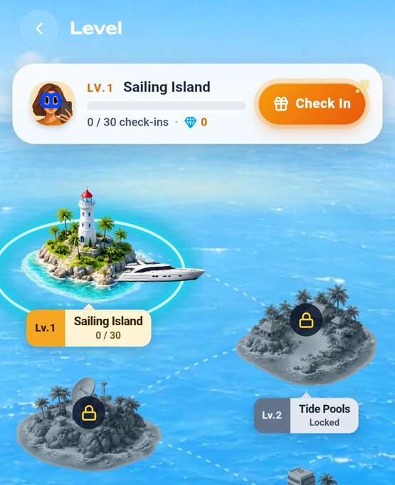 A mobile game interface showing a Level 1 'Sailing Island' with a Check In button and locked levels like 'Tide Pools' displayed on a tropical island map.