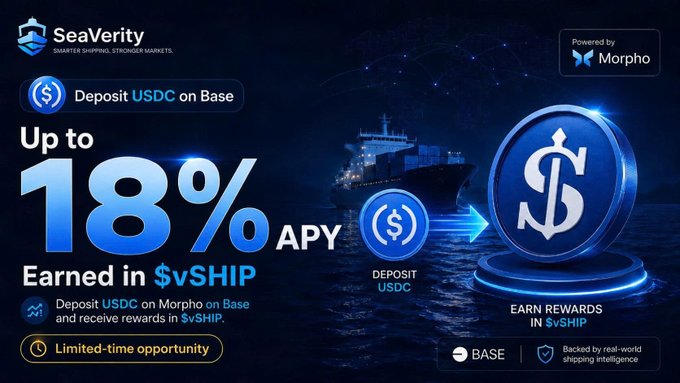 An advertisement for 'SeaVerity' promotes earning 'Up to 18% APY' by depositing USDC on Base through 'Morpho' to receive rewards in $vSHIP, backed by real-world shipping intelligence, featuring a large cargo ship in the background.