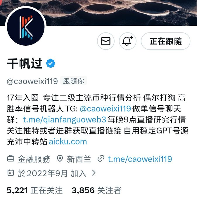 A Twitter/X profile for '千帆过' (@caoweixi119), a finance-focused account from New Zealand with 3,856 followers, promoting crypto trading signals and a Telegram group.