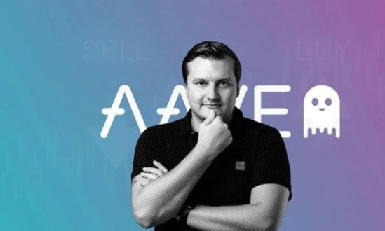The image features a man standing against a purple background with a white ghost behind him, which appears to be an advertisement for Aave. The man has his arms crossed and is looking at the camera while posing for the photo. The text "NEWS Aave founder Stani Kulechov proposed bringing securities finance onchain through Aave V4, targeting repo, lending and tokenized collateral markets". This suggests that the image is promoting a new platform or service related to financial services, specifically focusing on the lending and tokenization of assets in the crypto market.