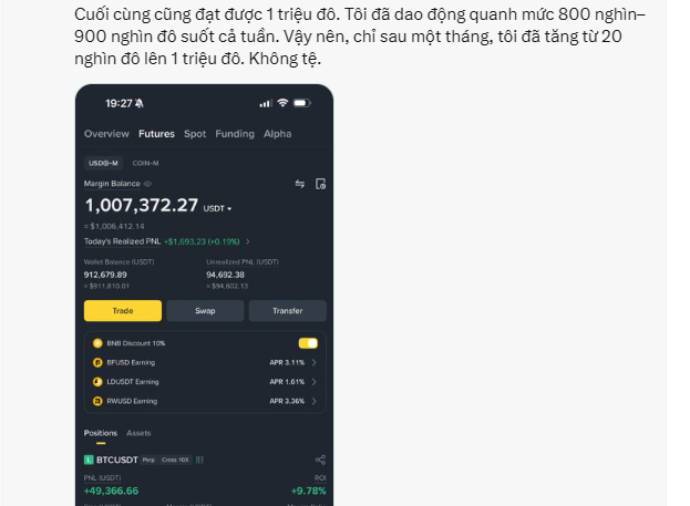 A screenshot showing Vietnamese text about reaching 1 million VND, followed by a Binance app screenshot displaying a Margin Balance of 1,007,372.27 USDT with today's realized PNL of +$1,693.23 (+0.19%).