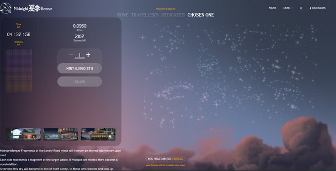 A screenshot of the 'Midnight Breeze' NFT minting website showing a starry sky background with a countdown timer at 04:37:56, 0.0980 ETH price, 2107 minted left, and a 'MINT 0.0080 ETH' button.