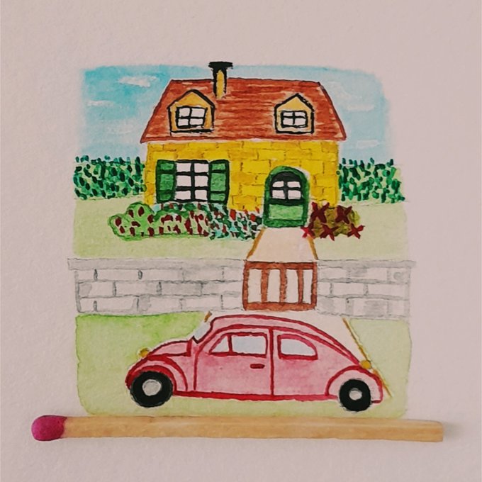 A child's watercolor and ink drawing of a yellow house with a red roof and green door, with a pink car parked in front, and a wooden matchstick placed at the bottom.