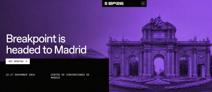 A promotional graphic announces 'Breakpoint is headed to Madrid' for an event on 15-17 November 2026 at the Centro de Convenciones de Madrid, featuring a purple-tinted image of a monument.