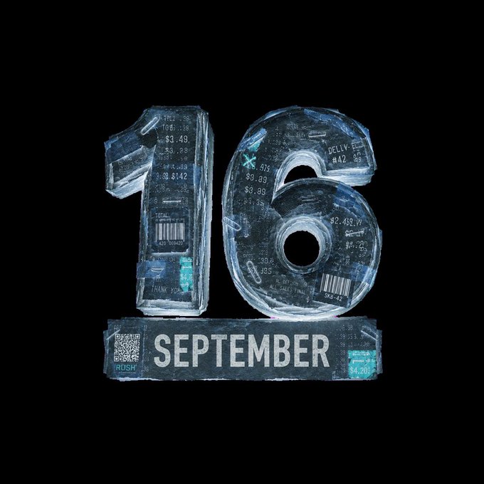 A futuristic 3D render of the number '16' on a black background with a base labeled 'SEPTEMBER,' featuring translucent surfaces overlaid with digital text, barcodes, and data patterns.