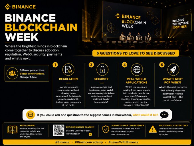 A Binance Blockchain Week promotional infographic featuring a conference stage photo and highlighting "5 Questions I'd Love to See Discussed," covering topics like Regulation, Security, Real World Applications, and "What's Next for Web3?" The image aligns with the post by emphasizing that crypto's bigger conversations—like adoption, regulation, and real-world use cases—matter more than daily price charts.