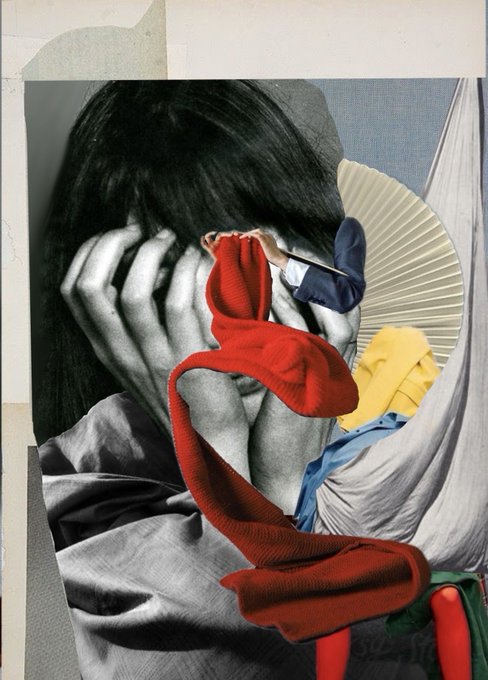 The image is a mixed-media collage showing a black-and-white figure with their face buried in their hands, overlaid with vibrant red, blue, and yellow fabric that appears to be "mending" the figure's silenced expression—visually embodying the artwork's title "Mending the Silence." The bold red cloth threading through the composition symbolizes emotional repair and vulnerability, reinforcing the piece's exploration of healing and quiet emotion as it launches as a 1/1 NFT at 0.02 ETH.