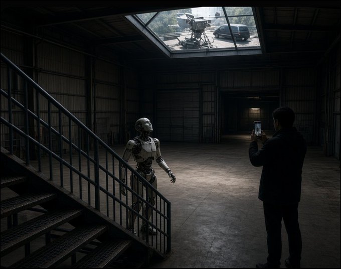 A person takes a photo of a humanoid robot on a staircase inside a dimly lit industrial warehouse with a skylight.