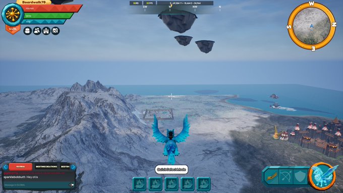 A screenshot from a video game showing a player flying on a blue winged creature over a snowy, mountainous landscape with floating islands, featuring in-game UI elements like a minimap and chat box with the name 'Boandwell878'.