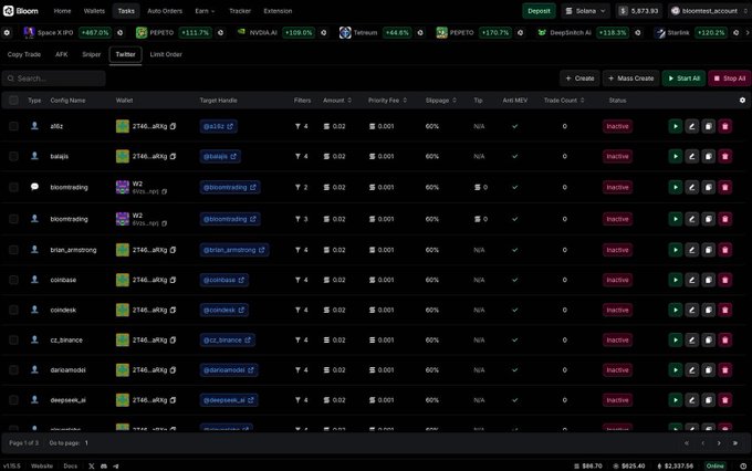 A Bloom trading platform interface on Solana network showing multiple copy trade configurations targeting various crypto accounts (a16z, bainai, bloomtrading, etc.) all marked as Inactive, with various tokens displayed including SPACE, PEPE, NEURALAI, and others.