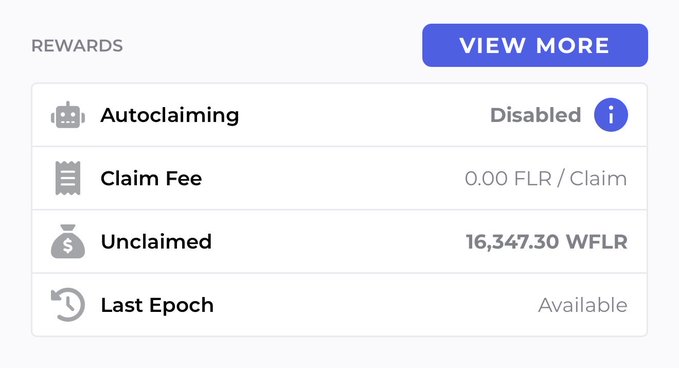 A Rewards dashboard displaying 'Autoclaiming' as Disabled, a 'Claim Fee' of '0.00 FLR / Claim', 'Unclaimed' balance of '16,347.30 WFLR', and 'Last Epoch' as Available.