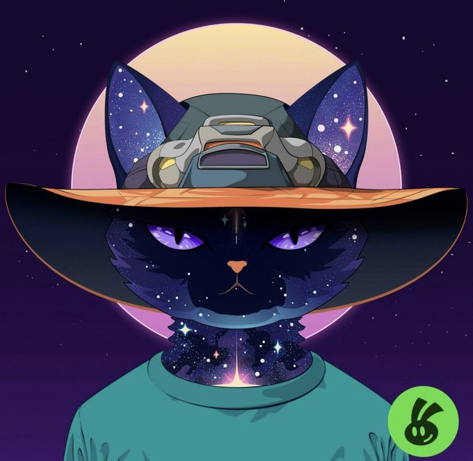 A stylized digital illustration of a cat-like character wearing a large witch hat and a futuristic helmet, featuring a galaxy pattern on its fur against a starry purple background.