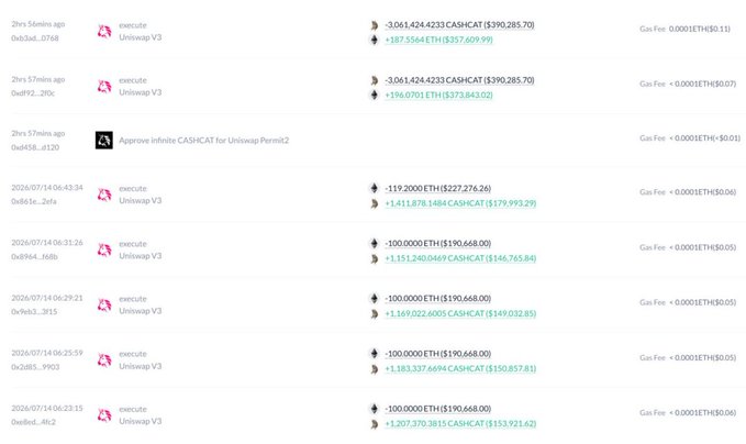 Cryptocurrency transaction history showing UniSwap V3 executions with ETH and CASHCAT token amounts, including gas fees around $0.05-$0.11.