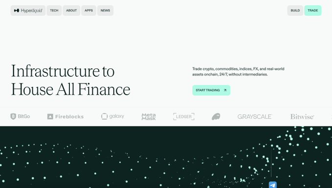 The Hyperliquid website homepage advertising 'Infrastructure to House All Finance' with the tagline 'Trade crypto, commodities, indices, FX, and real-world assets onchain, 24/7, without intermediaries,' alongside partner logos like BitGo, Fireblocks, and Grayscale.