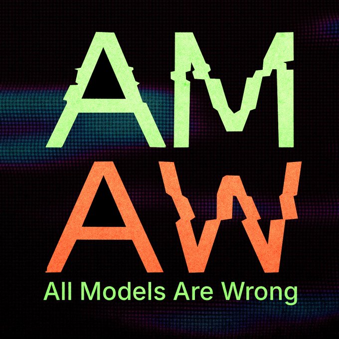 A retro-styled logo featuring distressed neon green "AM" stacked above orange "AW" with the tagline "All Models Are Wrong" beneath, set against a dark CRT-screen background. The design visualizes the rebranding of The Blockchain Socialist podcast into its new identity as AMAW, signaling its continued focus on critically examining technological power structures.