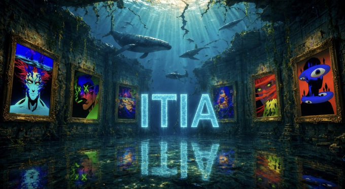 An underwater scene features the glowing blue text 'ITIA' surrounded by framed artworks on the walls, with sharks and rays swimming above in the water.