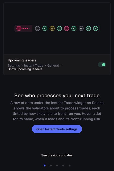 A mobile app interface screenshot showing an 'Upcoming leaders' toggle enabled under 'Settings > Instant Trade > General,' with a row of colored dots representing validators, and text explaining 'See who processes your next trade' on Solana to identify front-running risk.