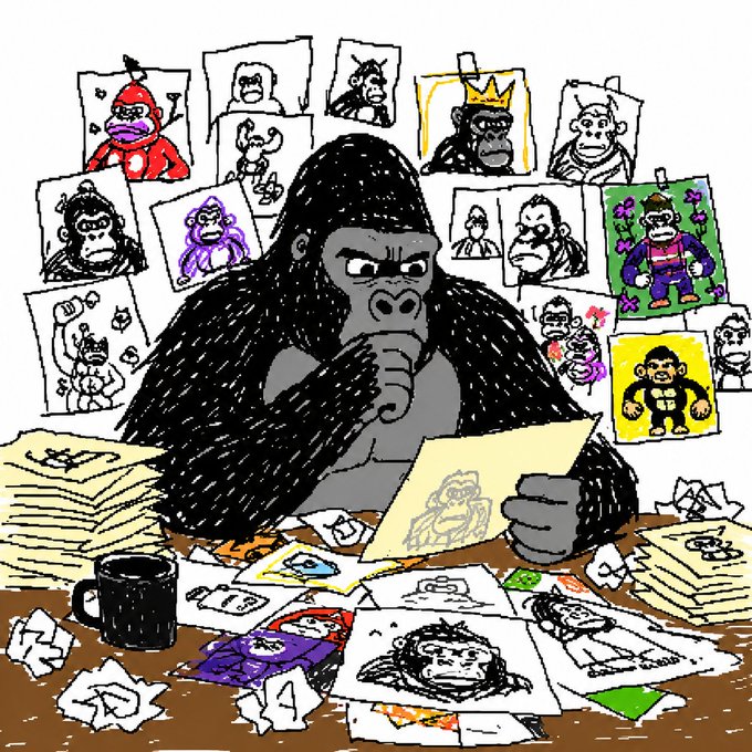 A digital illustration of a black gorilla in deep thought surrounded by various cartoonish ape and monkey drawings pinned to a wall and scattered across a desk cluttered with papers and a coffee mug.