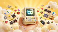 A hand holds a yellow Tamagotchi-style electronic pet device emitting a warm glow, surrounded by various floating retro gaming and pop culture icons like game cartridges, cassettes, and pixel art.