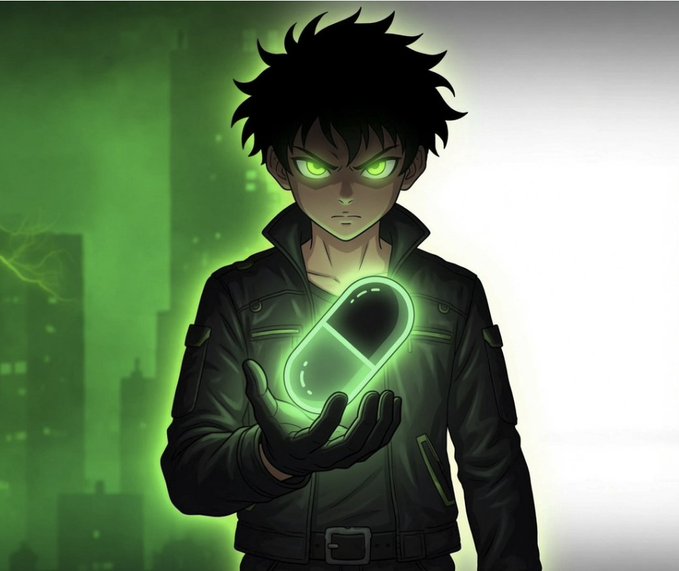 A determined young man with glowing green eyes holds a luminous green pill in his hands, set against a dark, neon-lit cityscape. The image evokes the high-stakes, transformative energy of crypto trading, visually reinforcing the post's message about the life-changing opportunities found on Pumpfun.