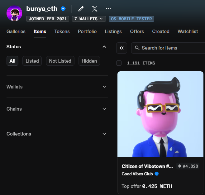 The image depicts a computer screen with an open tab displaying a page from a cryptocurrency exchange called "Citizen of Vibtown.com", which focuses on a man wearing sunglasses and a suit, possibly representing a character from one of their games or merchandise. The post includes a description of the player, including his name (@blupixapp), the game they are testing, and a small amount of money being spent (0.25). It also mentions that there is an upcoming item listing for @tyguyot to buy on the exchange.