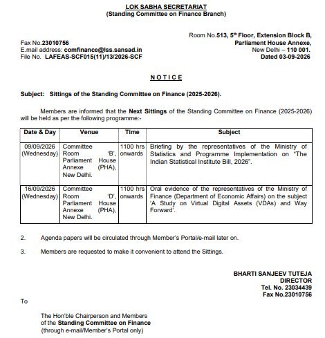 An official notice from the 'LOK SABHA SECRETARIAT' regarding 'Sittings of the Standing Committee on Finance (2025-2026)', listing scheduled meetings on 09/09/2026 and 16/09/2026 in New Delhi, signed by Director Bharti Sanjeev Tuteja.