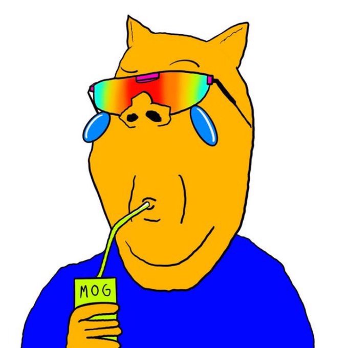 A relaxed orange cartoon figure wears rainbow-tinted sunglasses while sipping from a green carton labeled "MOG" through a straw, paired with the caption "moglined?"