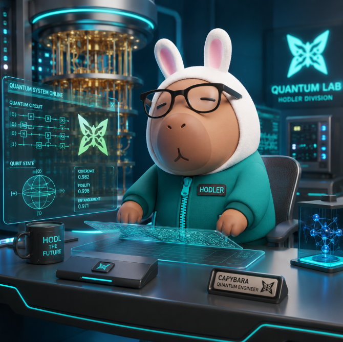 A digital artwork featuring a capybara wearing bunny ears, glasses, and a green 'HODLER' hoodie, working at a quantum computer desk labeled 'QUANTUM LAB HODLER DIVISION' with a 'HODL THE FUTURE' mug and 'CAPYBARA QUANTUM ENGINEER' nameplate.