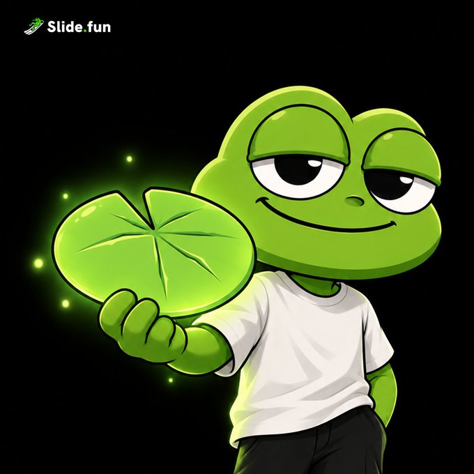A cartoon illustration of a green frog-like character wearing a white t-shirt and black pants, holding up a glowing green leaf. The text "Slide.fun" appears in the top-left corner.