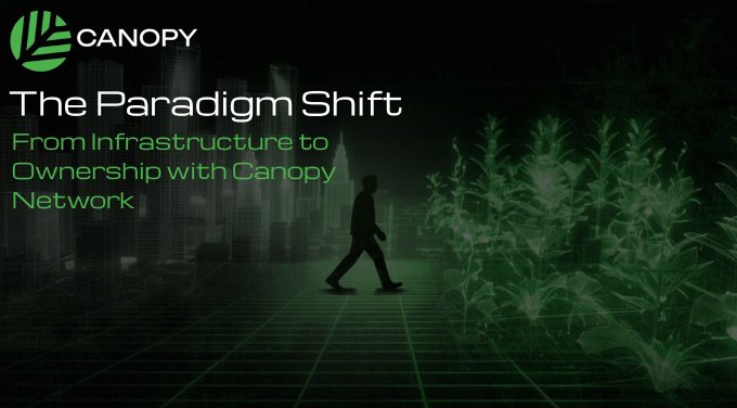 A Canopy Network ("CANOPY") promotional graphic titled "The Paradigm Shift: From Infrastructure to Ownership with Canopy Network," featuring a silhouette of a person walking between a glowing green cityscape and plants, visually symbolizing the transition from traditional infrastructure to organic, ownership-driven growth—mirroring the post's message about empowering builders to grow strong chains with AI tools and built-in network security.
