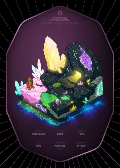 A digital collectible card from OthersideMeta featuring an isometric "Biogenic Swamp" landscape with glowing crystals, colorful minerals, and luminescent flora. The card displays Otherdeed #8512, listing resources as Etheria and Petrified, along with the "Slime Juice" artifact.