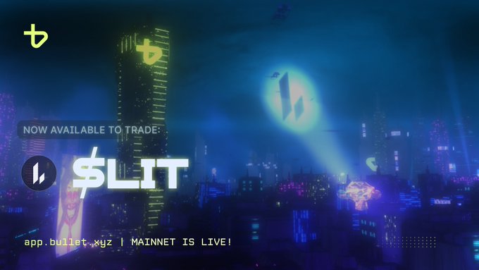 A dark blue promotional banner announces the new '$LIT' token now available to trade, with 'app.bullet.xyz | MAINNET IS LIVE!' displayed at the bottom.