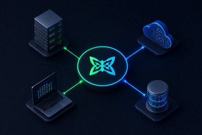 A neon-style tech illustration featuring a central butterfly logo in a glowing circle, connected to a server tower, a cloud, a database cylinder, and a laptop with code displayed on its screen.