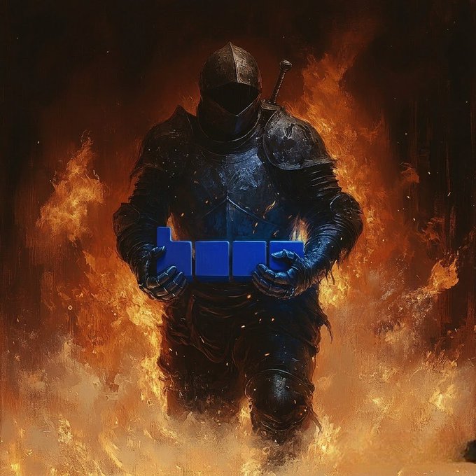 A dark, armored knight emerges from fiery flames, cradling blue block-like shapes reminiscent of a digital chain or blockchain base, visually reinforcing the post's message that "Base stays winning on chain." The juxtaposition of medieval warfare imagery with crypto block symbolism suggests resilience and dominance in the blockchain arena.