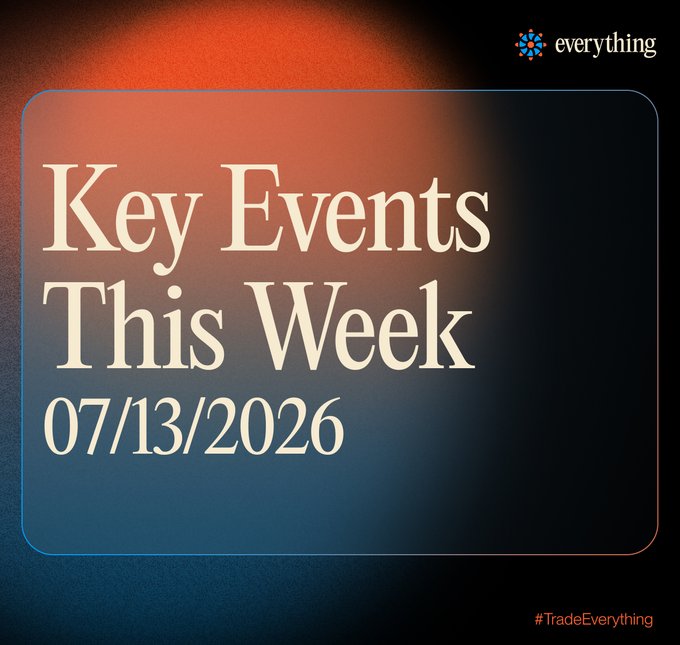 A graphic featuring an orange-to-blue gradient background displays "Key Events This Week 07/13/2026" in large serif text, with the "everything" logo in the top-right and the hashtag "#TradeEverything" in the bottom-right. The image serves as a header for the post previewing important market-moving events for the week of July 13, 2026, including US inflation data and crypto developments.