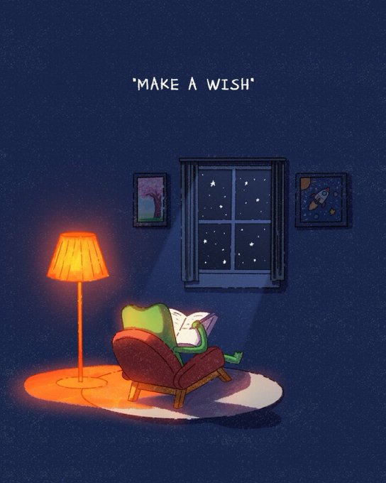 An illustration of a cozy room at night showing a character reading in an armchair by a warm lamp, with 'MAKE A WISH' text above a starry window.